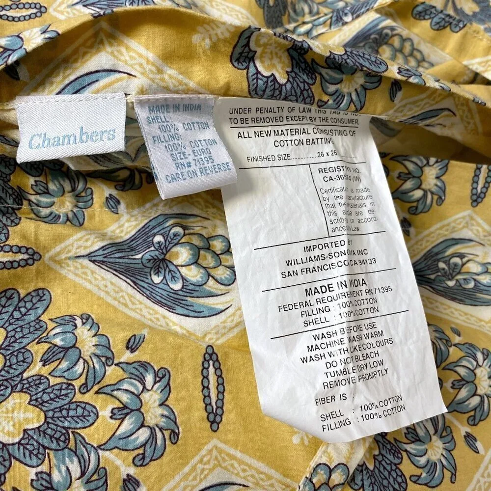 CHAMBERS Euro Sham Luxury Pillow Cover Quilted Cotton Yellow Blue French Country